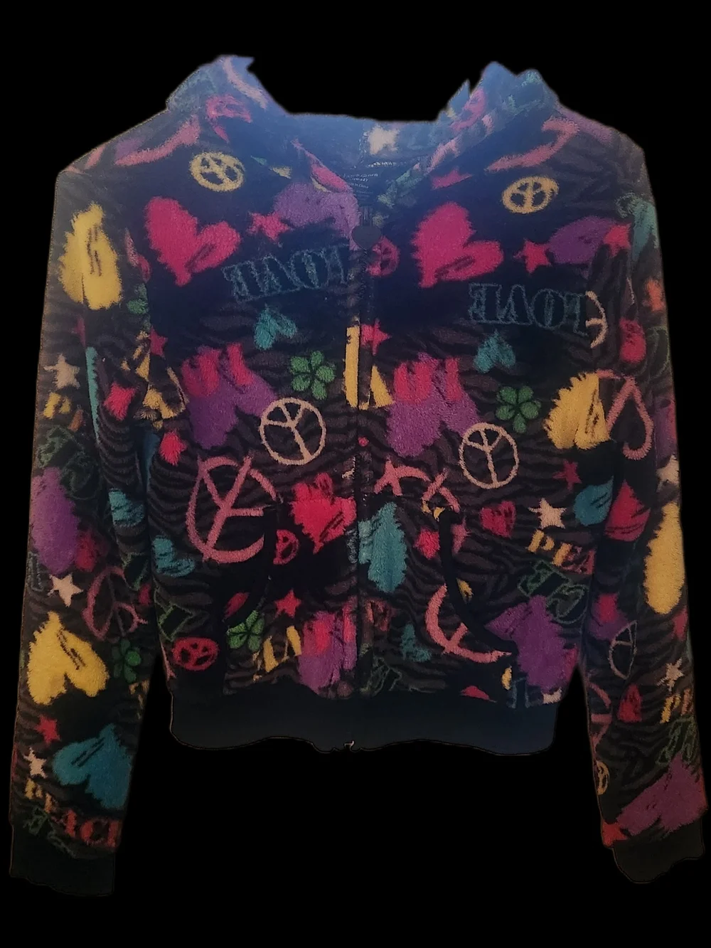 Faded Glory Black Plush Zip Hoodie with Multi-Color Hearts & Peace Signs